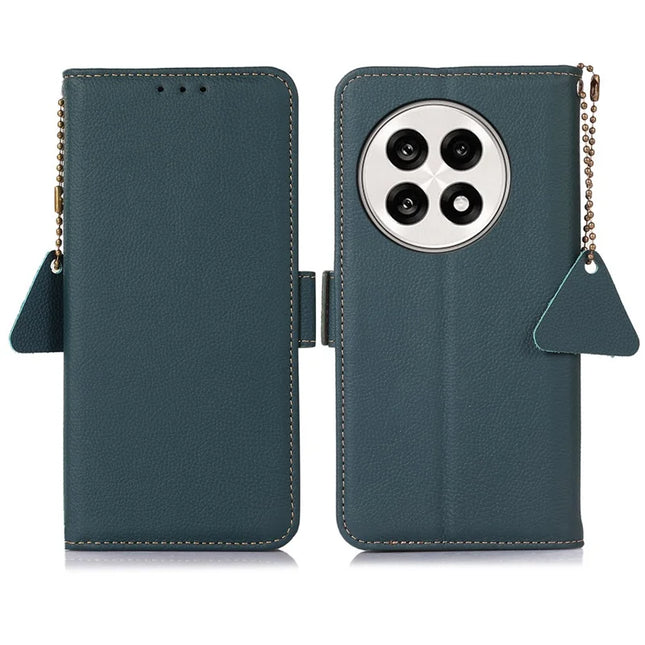 Phone Case For OnePlus 13R 5G / Ace 5 5G / Ace 5 Pro 5G RFID Blocking Genuine Cow Leather Cover - Green