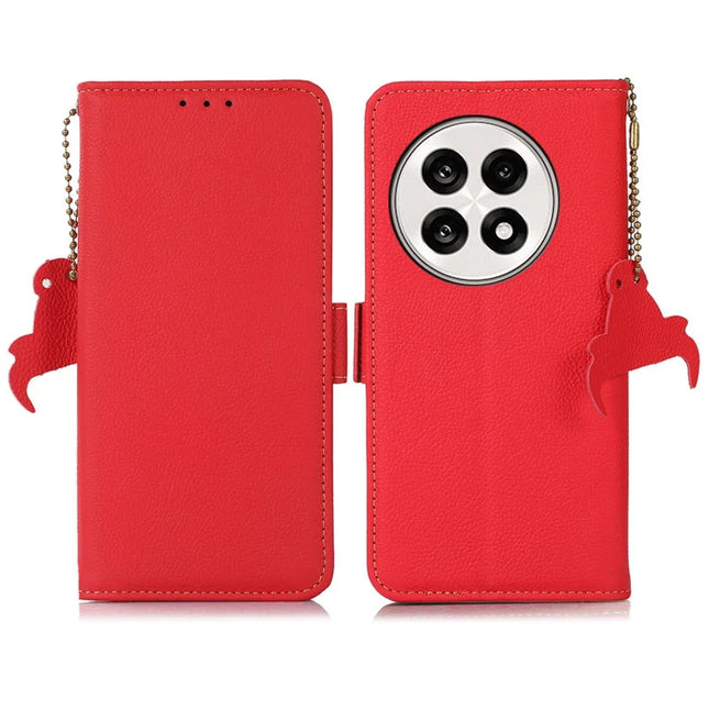 Phone Case For OnePlus 13R 5G / Ace 5 5G / Ace 5 Pro 5G RFID Blocking Genuine Cow Leather Cover - Red