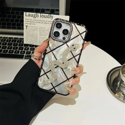For iPhone 15 Pro Max Case Snake Rhinestones Decor TPU Phone Cover with Luster Card Paper Rhombic Pattern
