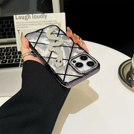 For iPhone 15 Pro Max Case Snake Rhinestones Decor TPU Phone Cover with Luster Card Paper Rhombic Pattern