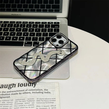 For iPhone 15 Pro Max Case Snake Rhinestones Decor TPU Phone Cover with Luster Card Paper Rhombic Pattern