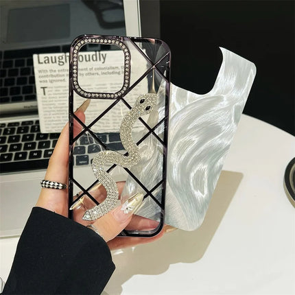 For iPhone 15 Pro Max Case Snake Rhinestones Decor TPU Phone Cover with Luster Card Paper Rhombic Pattern