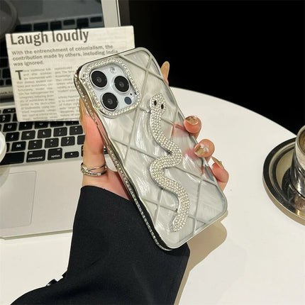 For iPhone 15 Pro Max Case Snake Rhinestones Decor TPU Phone Cover with Luster Card Paper Rhombic Pattern - Black