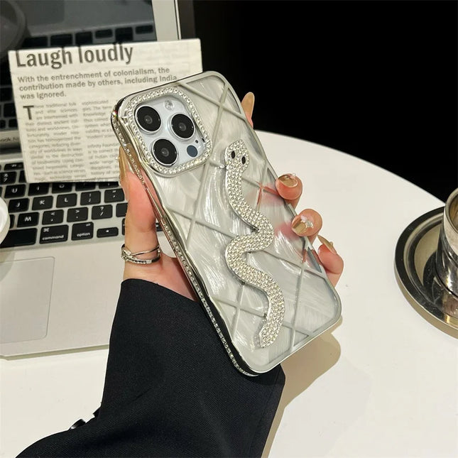 For iPhone 15 Pro Max Case Snake Rhinestones Decor TPU Phone Cover with Luster Card Paper Rhombic Pattern - Black