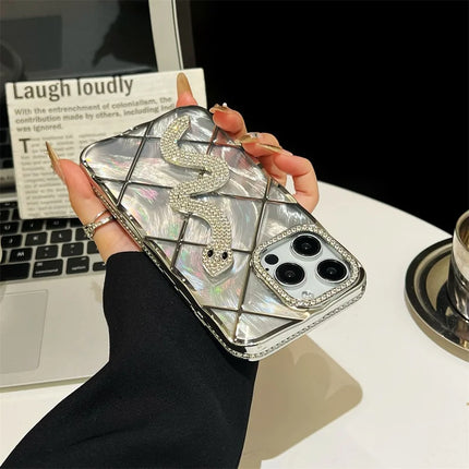 For iPhone 15 Pro Max Case Snake Rhinestones Decor TPU Phone Cover with Luster Card Paper Rhombic Pattern