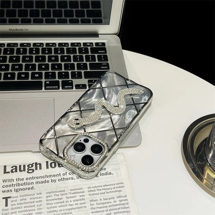 For iPhone 15 Pro Max Case Snake Rhinestones Decor TPU Phone Cover with Luster Card Paper Rhombic Pattern
