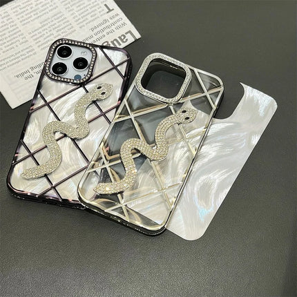 For iPhone 15 Pro Max Case Snake Rhinestones Decor TPU Phone Cover with Luster Card Paper Rhombic Pattern