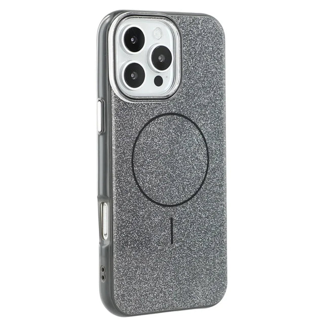 For iPhone 16 Pro Max Case Compatible with MagSafe Glitter Design IMD TPU + PC Phone Back Cover - Black