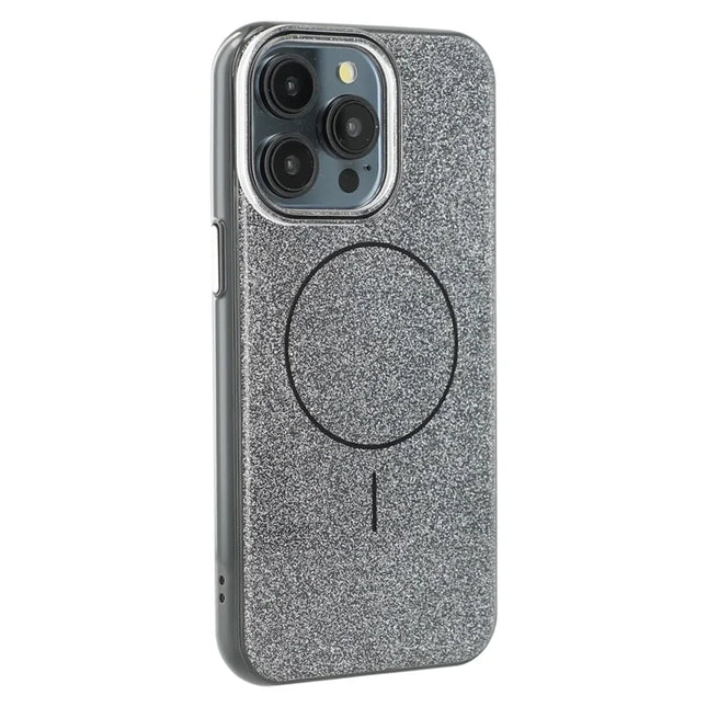 For iPhone 15 Pro Max Case Compatible with MagSafe Glitter Design IMD TPU + PC Phone Back Cover - Black