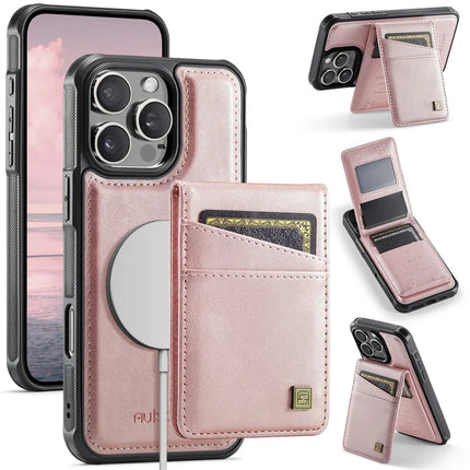 For iPhone 16 Pro Max Case AUTSPACE A12 Leather Back Cover with Magnetic Detachable Card Bag Kickstand
