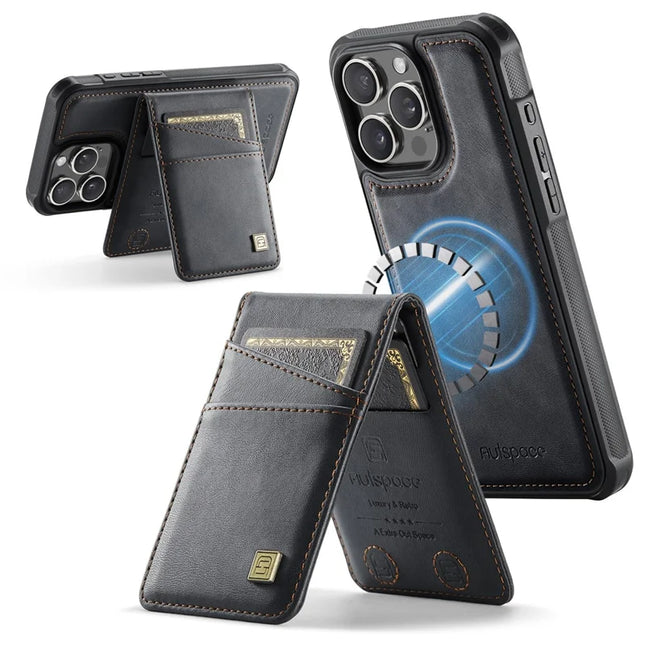 For iPhone 16 Pro Max Case AUTSPACE A12 Leather Back Cover with Magnetic Detachable Card Bag Kickstand - Black