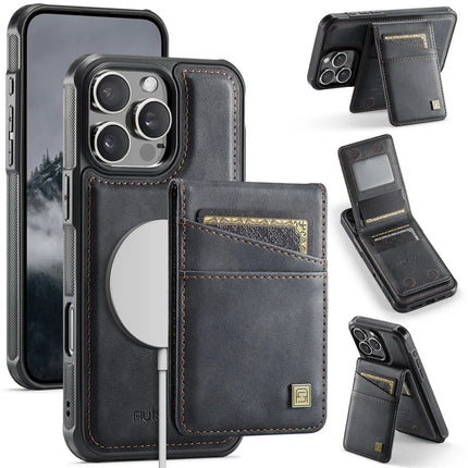 For iPhone 16 Pro Max Case AUTSPACE A12 Leather Back Cover with Magnetic Detachable Card Bag Kickstand