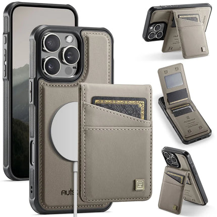 For iPhone 16 Pro Max Case AUTSPACE A12 Leather Back Cover with Magnetic Detachable Card Bag Kickstand