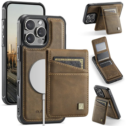 For iPhone 16 Pro Max Case AUTSPACE A12 Leather Back Cover with Magnetic Detachable Card Bag Kickstand