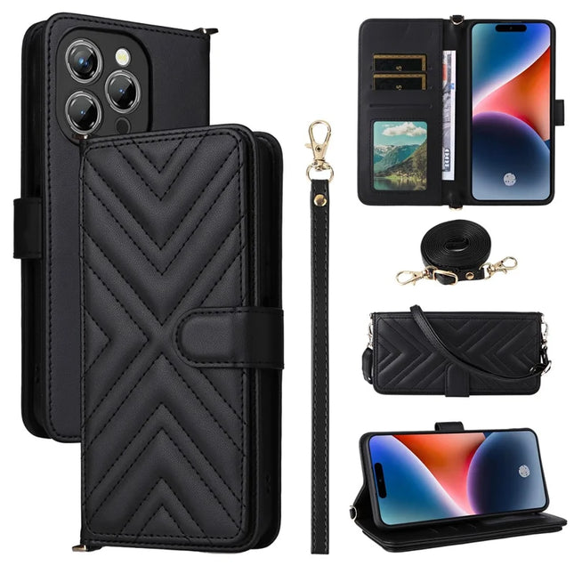 For Oukitel P1 Wallet Case with Shoulder Strap Leather Phone Cover - Black