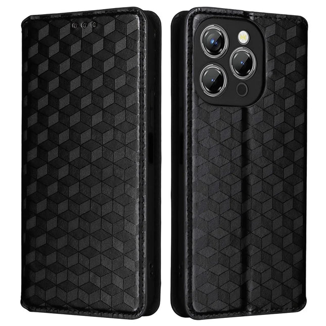 For Oukitel P1 Wallet Case Rhombus Imprinted Leather Phone Cover - Black