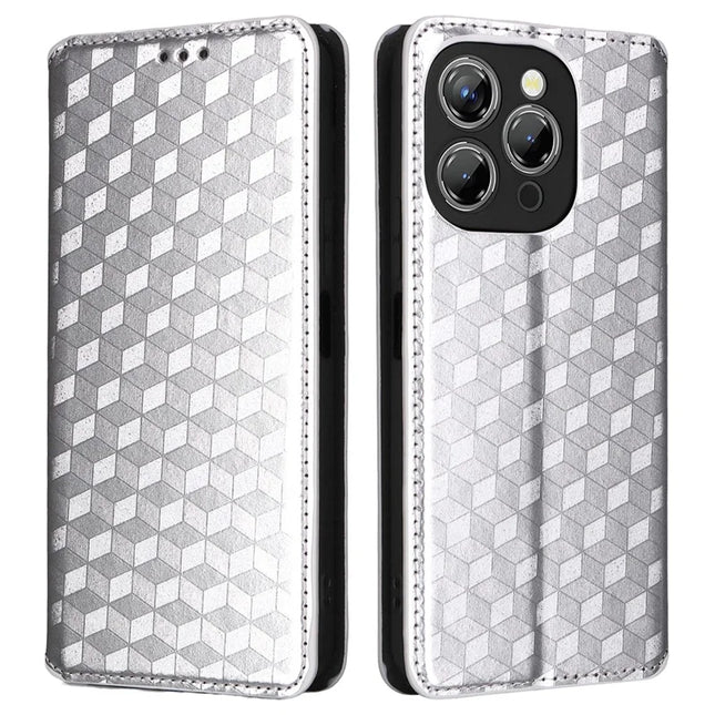 For Oukitel P1 Wallet Case Rhombus Imprinted Leather Phone Cover - Silver