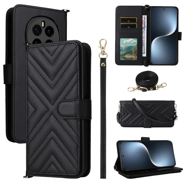 For Honor Magic7 5G Wallet Case with Shoulder Strap Leather Phone Cover - Black
