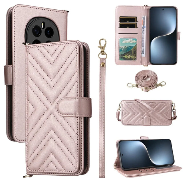 For Honor Magic7 5G Wallet Case with Shoulder Strap Leather Phone Cover - Pink