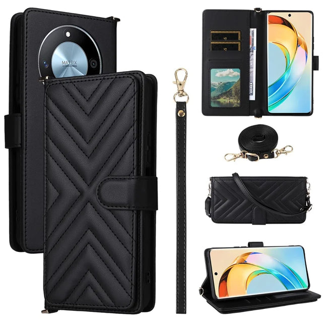For Honor X9c Smart 5G / X60 5G Wallet Case with Shoulder Strap Leather Phone Cover - Black