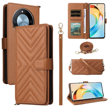 For Honor X9c Smart 5G / X60 5G Wallet Case with Shoulder Strap Leather Phone Cover - Brown