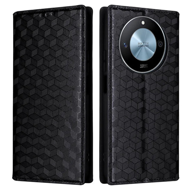 For Honor X9c Smart 5G / X60 5G Wallet Case Rhombus Imprinted Leather Phone Cover - Black