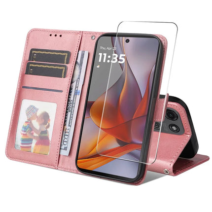 For Motorola Moto G75 5G PU Leather Wallet Case ENKAY Phone Stand Cover with Tempered Glass Film - Pink