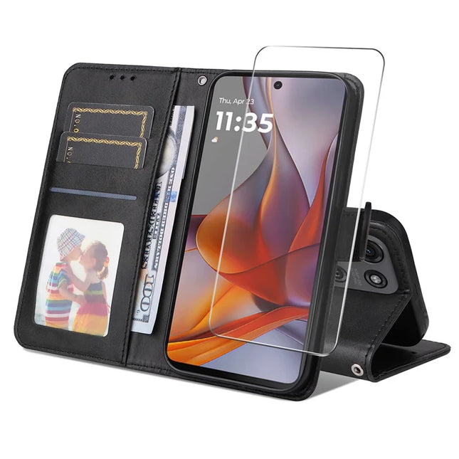 For Motorola Moto G75 5G PU Leather Wallet Case ENKAY Phone Stand Cover with Tempered Glass Film - Black