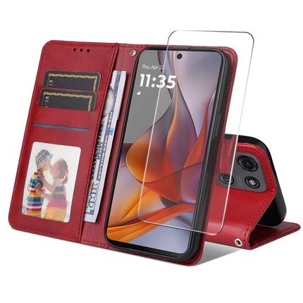 For Motorola Moto G75 5G PU Leather Wallet Case ENKAY Phone Stand Cover with Tempered Glass Film - Red