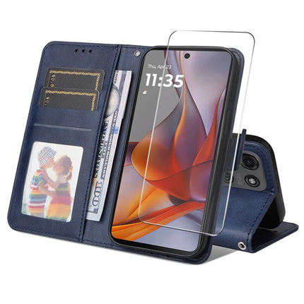 For Motorola Moto G75 5G PU Leather Wallet Case ENKAY Phone Stand Cover with Tempered Glass Film - Blue