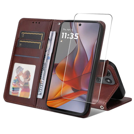 For Motorola Moto G75 5G PU Leather Wallet Case ENKAY Phone Stand Cover with Tempered Glass Film - Brown
