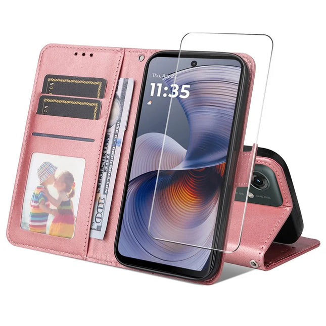 For Motorola Moto G55 5G PU Leather Wallet Case ENKAY Phone Stand Cover with Tempered Glass Film - Pink