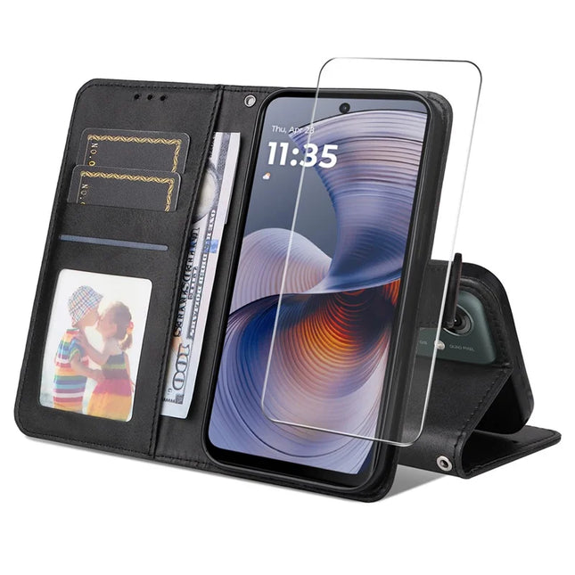 For Motorola Moto G55 5G PU Leather Wallet Case ENKAY Phone Stand Cover with Tempered Glass Film - Black