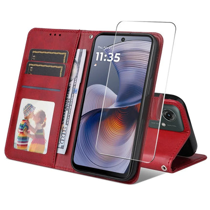 For Motorola Moto G55 5G PU Leather Wallet Case ENKAY Phone Stand Cover with Tempered Glass Film - Red