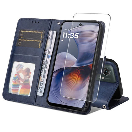 For Motorola Moto G55 5G PU Leather Wallet Case ENKAY Phone Stand Cover with Tempered Glass Film - Blue