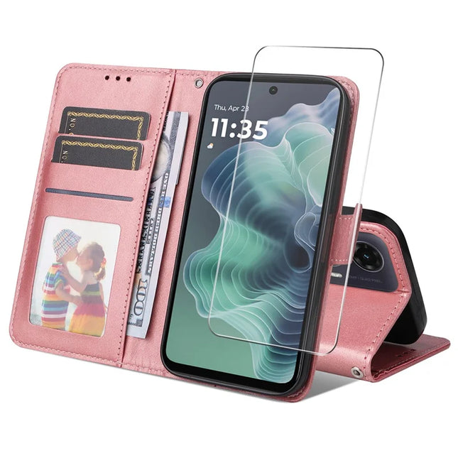 For Motorola Moto G35 5G PU Leather Wallet Case ENKAY Phone Stand Cover with Tempered Glass Film - Pink