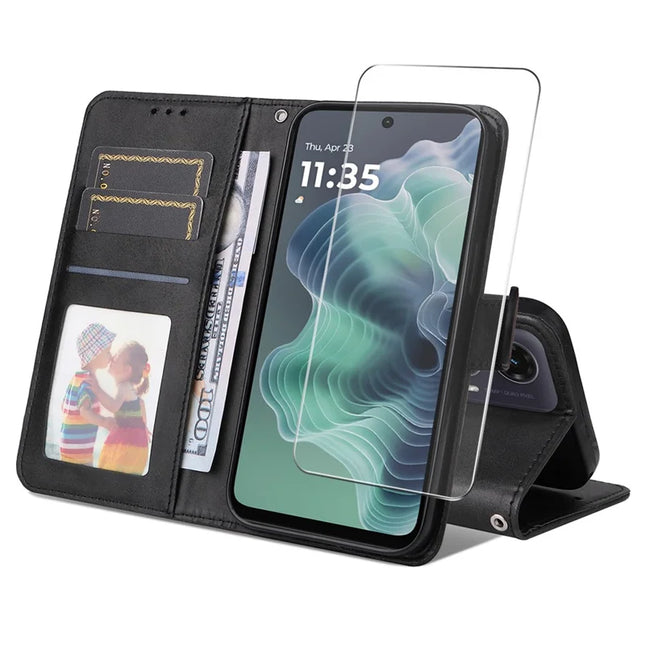 For Motorola Moto G35 5G PU Leather Wallet Case ENKAY Phone Stand Cover with Tempered Glass Film - Black