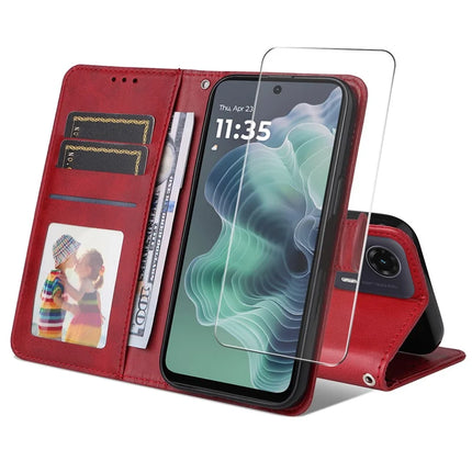For Motorola Moto G35 5G PU Leather Wallet Case ENKAY Phone Stand Cover with Tempered Glass Film - Red