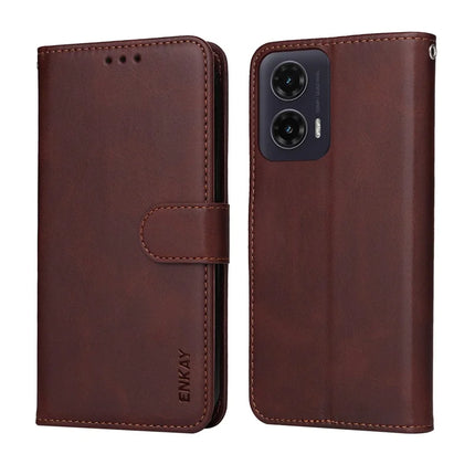 For Motorola Moto G35 5G PU Leather Wallet Case ENKAY Phone Stand Cover with Tempered Glass Film