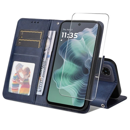 For Motorola Moto G35 5G PU Leather Wallet Case ENKAY Phone Stand Cover with Tempered Glass Film - Blue