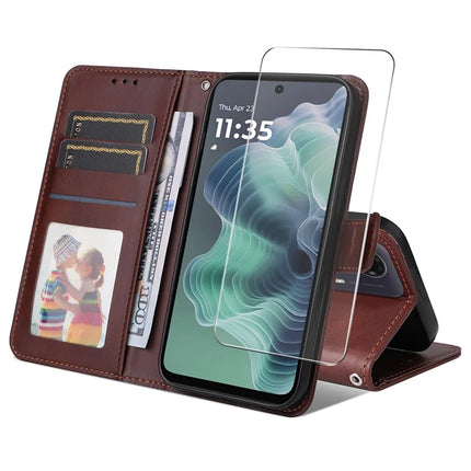 For Motorola Moto G35 5G PU Leather Wallet Case ENKAY Phone Stand Cover with Tempered Glass Film - Brown