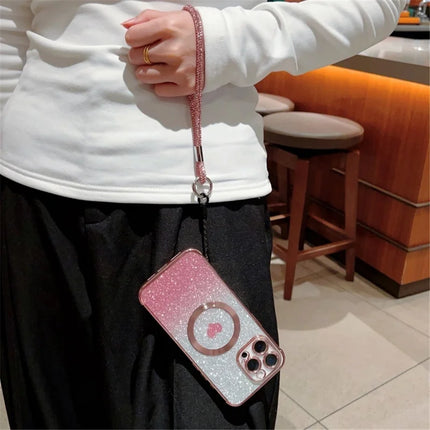 For iPhone 16 Pro Max Case Compatible with MagSafe TPU Phone Cover with Strap Heart Gradient Sparkle