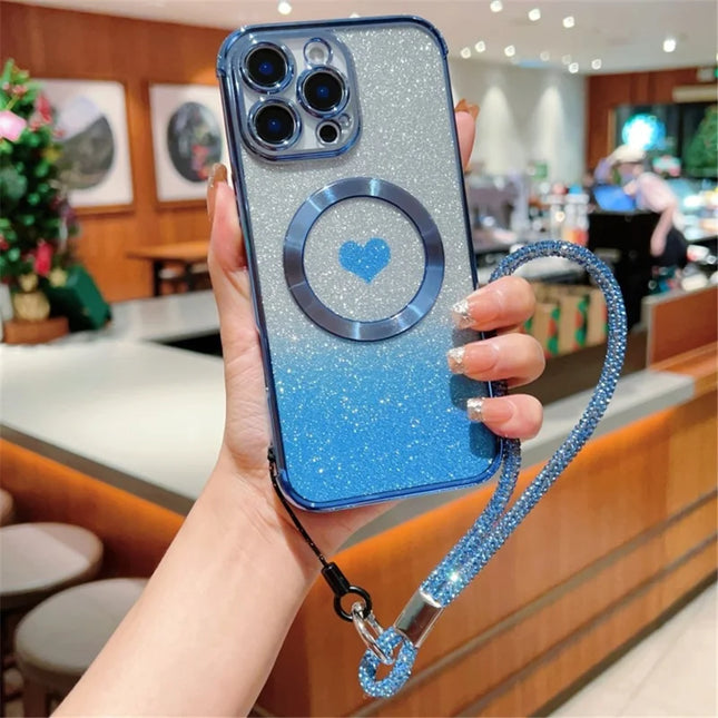 For iPhone 16 Pro Max Case Compatible with MagSafe TPU Phone Cover with Strap Heart Gradient Sparkle - Blue