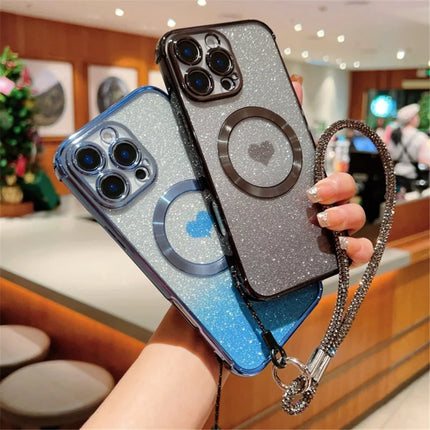 For iPhone 16 Pro Max Case Compatible with MagSafe TPU Phone Cover with Strap Heart Gradient Sparkle