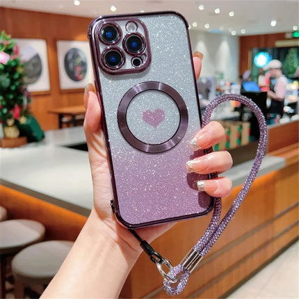 For iPhone 16 Pro Max Case Compatible with MagSafe TPU Phone Cover with Strap Heart Gradient Sparkle - Dark Purple
