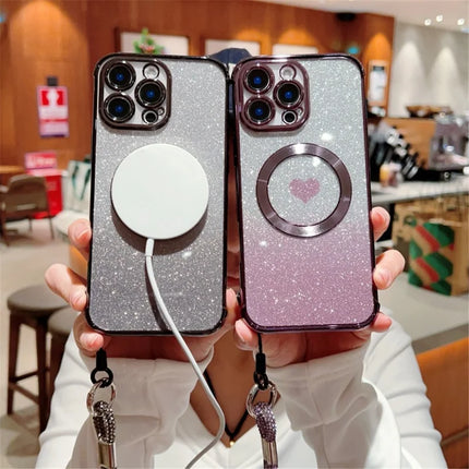 For iPhone 16 Pro Max Case Compatible with MagSafe TPU Phone Cover with Strap Heart Gradient Sparkle