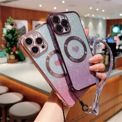 For iPhone 16 Pro Max Case Compatible with MagSafe TPU Phone Cover with Strap Heart Gradient Sparkle