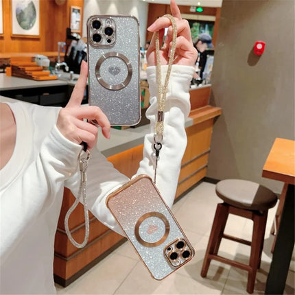 For iPhone 16 Pro Max Case Compatible with MagSafe TPU Phone Cover with Strap Heart Gradient Sparkle