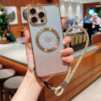For iPhone 16 Pro Max Case Compatible with MagSafe TPU Phone Cover with Strap Heart Gradient Sparkle - Gold