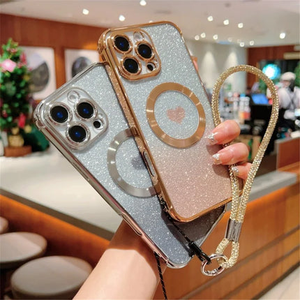For iPhone 16 Pro Max Case Compatible with MagSafe TPU Phone Cover with Strap Heart Gradient Sparkle